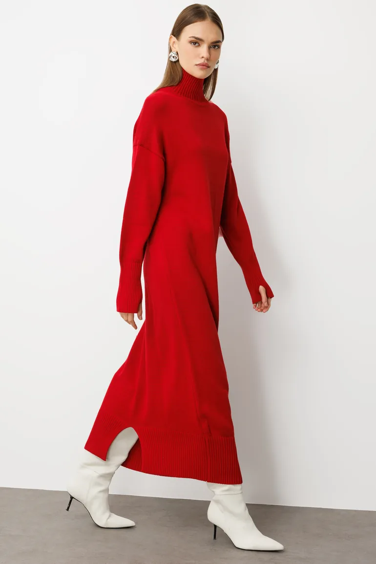Mizalle Oversize High Collar Caramel Long Thick Knitwear Dress - 4
