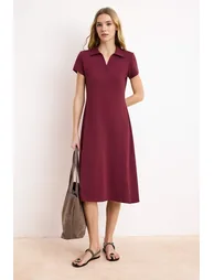 Burgundy Polo Neck Skater/Slit Waist Cotton Stretchy Knitted Midi Dress