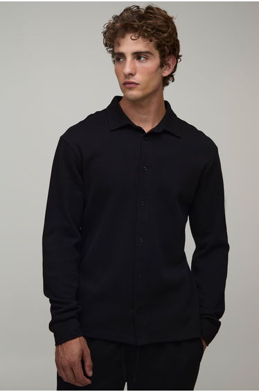 Slim Fit Pique Button Down Collar Jersey Long Sleeve Shirt - black