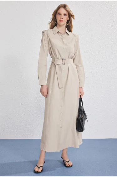 فستان قطن بيج بحزام