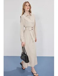 Beige Belt Buckle Detailed Woven Terrycotton Dress