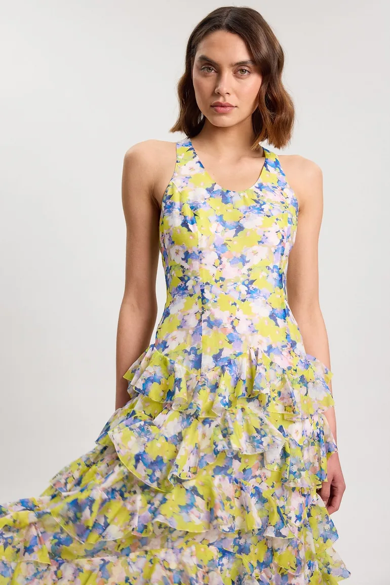 Floral Crinkle Georgette Ruffle Detail Woven Maxi Dress - 1