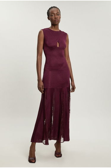 Viscose Blend Slinky Sheer Lace Detail Knit Maxi Dress