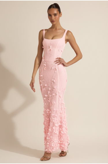 Embellished Appliqué Soft-Scoop Corset Gown in Pink