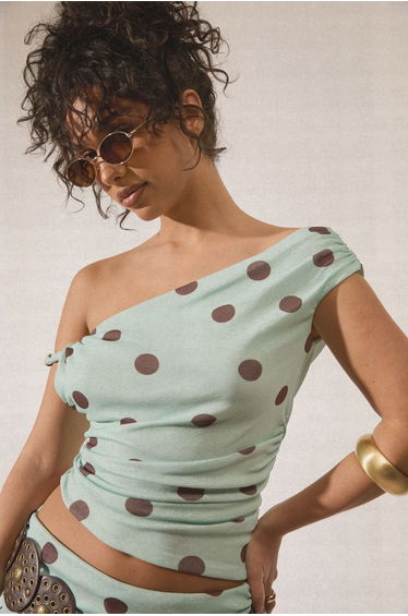 Mesh Polka Dot Off The Shoulder Top - aqua