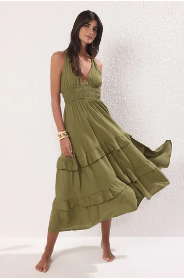 Khaki Maxi Woven Beach Dress