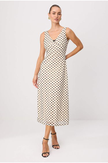 Cream Polka Dot Bow Maxi Knitted Dress