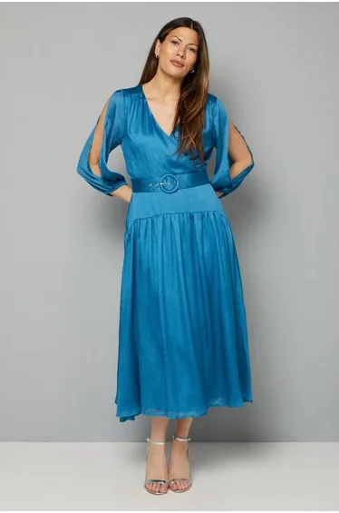 Woven Shimmer Belted Wrap Midi Dress