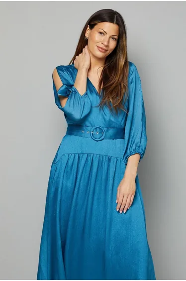 Woven Shimmer Belted Wrap Midi Dress