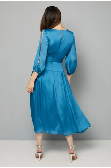 Woven Shimmer Belted Wrap Midi Dress