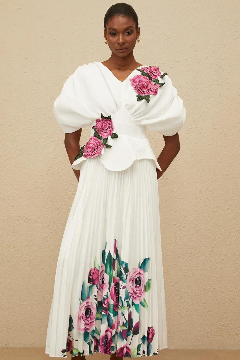 Pétale White Rose Appliqué Maxi Dress - 1