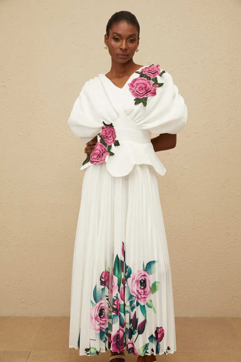 Pétale White Rose Appliqué Maxi Dress - 7