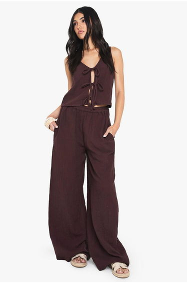 Cheesecloth Elasticated Waist Wide Leg Trousers - chocolate