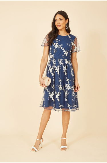 Yumi Navy Embroidered Floral Skater Dress