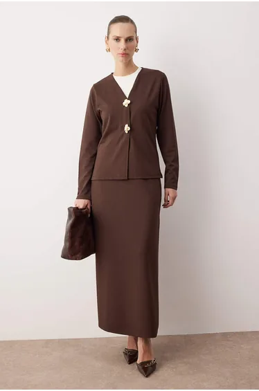 Brown Button Detailed Regular Interlock Fabric Knitted Bottom - Top Set