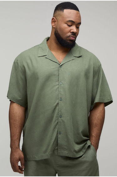 Plus Oversized Short Sleeve Linen Blend Shirt - olive