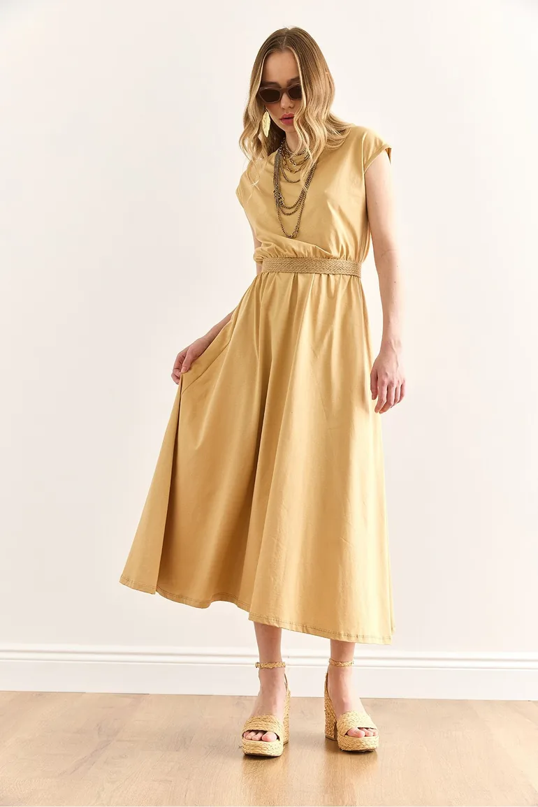 Women's Beige Elastic Waist Bat Combed Cotton Dress - 3