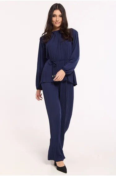 Navy Pleated Co-Ord Top And Trousers