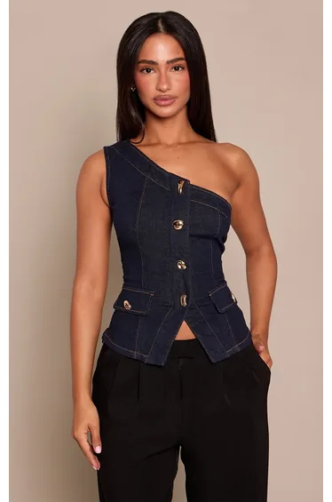Petite Indigo Trim Detail Asymmetric Waistcoat
