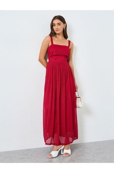 Women Red Lace Strappy A-Line Maxi Dress
