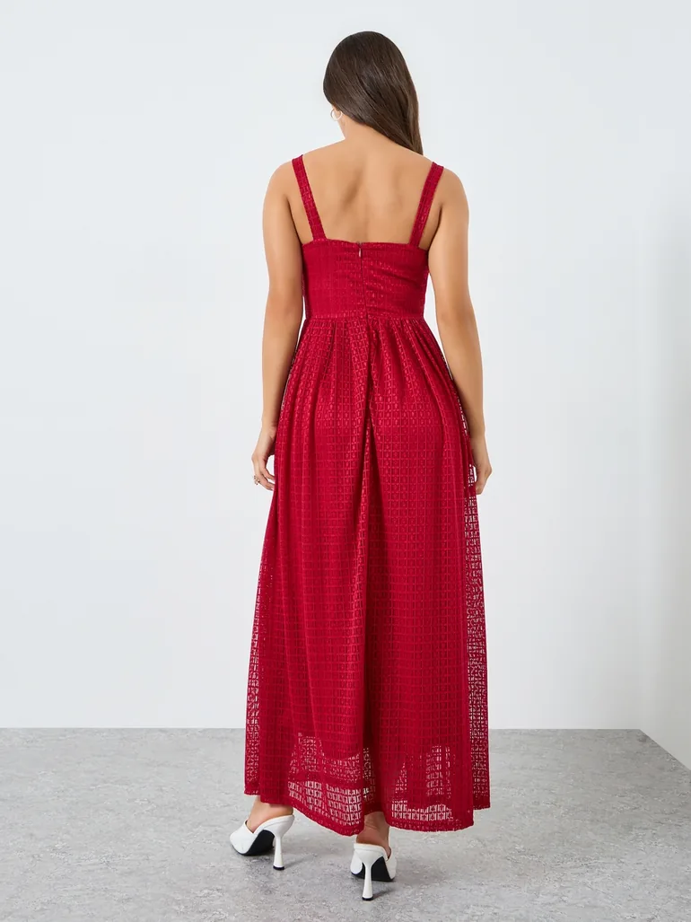 Women Red Lace Strappy A-Line Maxi Dress - 4