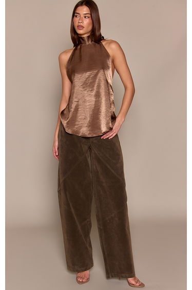 Light Brown Satin Halterneck Back Detail Top