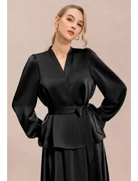 Luxe Tie Waist Shirred Back Satin Top in Black for Office Days & Business Lunches - 1