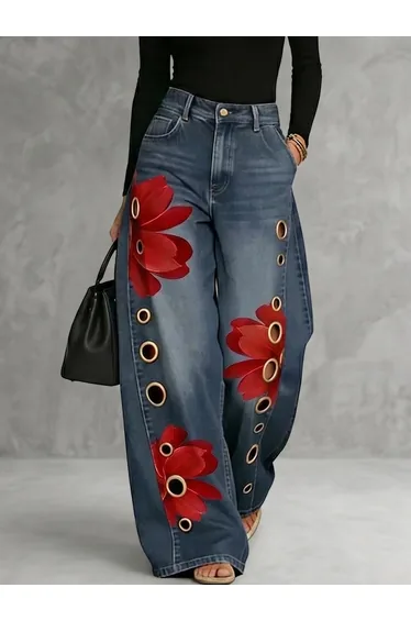 Pockets Hollow Flower Print Buttoned Wide Leg High Waisted Trousers Jean Pants Bottoms