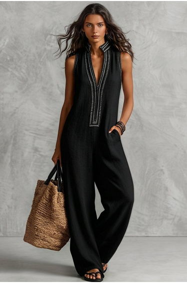 Sleeveless Wide Leg Pockets Solid Color Zipper Stand Collar Jumpsuits