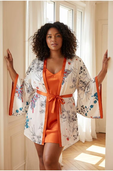 Orange-Multicolor Satin Woven Plus Size Nightgown
