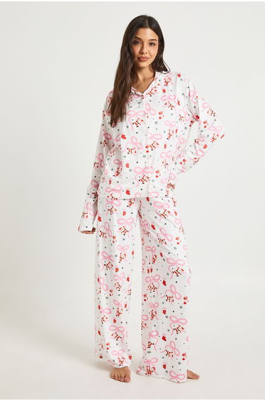 Santa Bow Print Long Sleeve Top & Trousers Pyjama Set - white