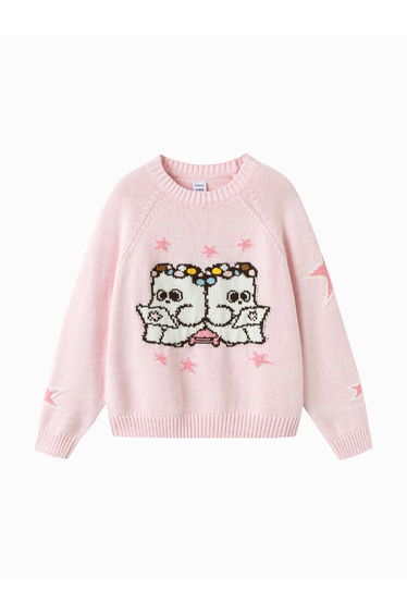 Girls' Knitted Sweater with Front Cartoon Design