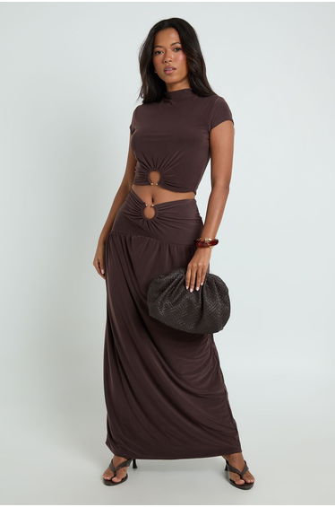 Double Layer Slinky Cropped Top with Ring Triim - chocolate