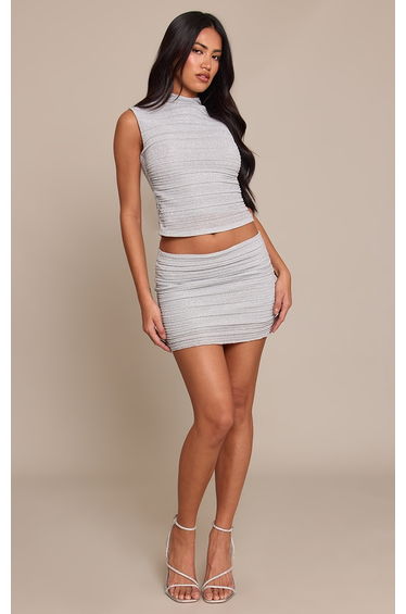 Silver Textured Glitter Mini Skirt