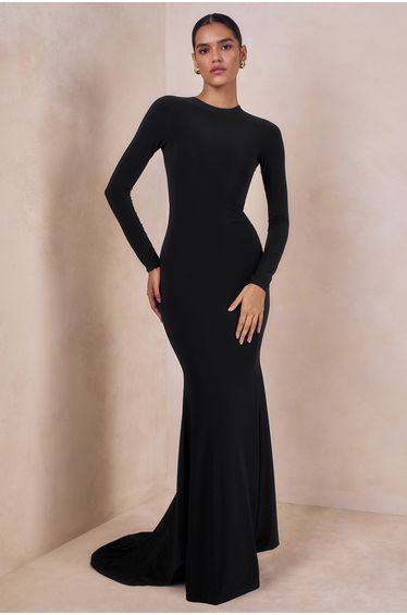 One Step Ahead | Black Long Sleeve Backless Fishtail Maxi Dress