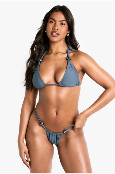 Bead Trim Ruched Triangle Bikini Top & Tanga Bikini Bottoms Set - slate
