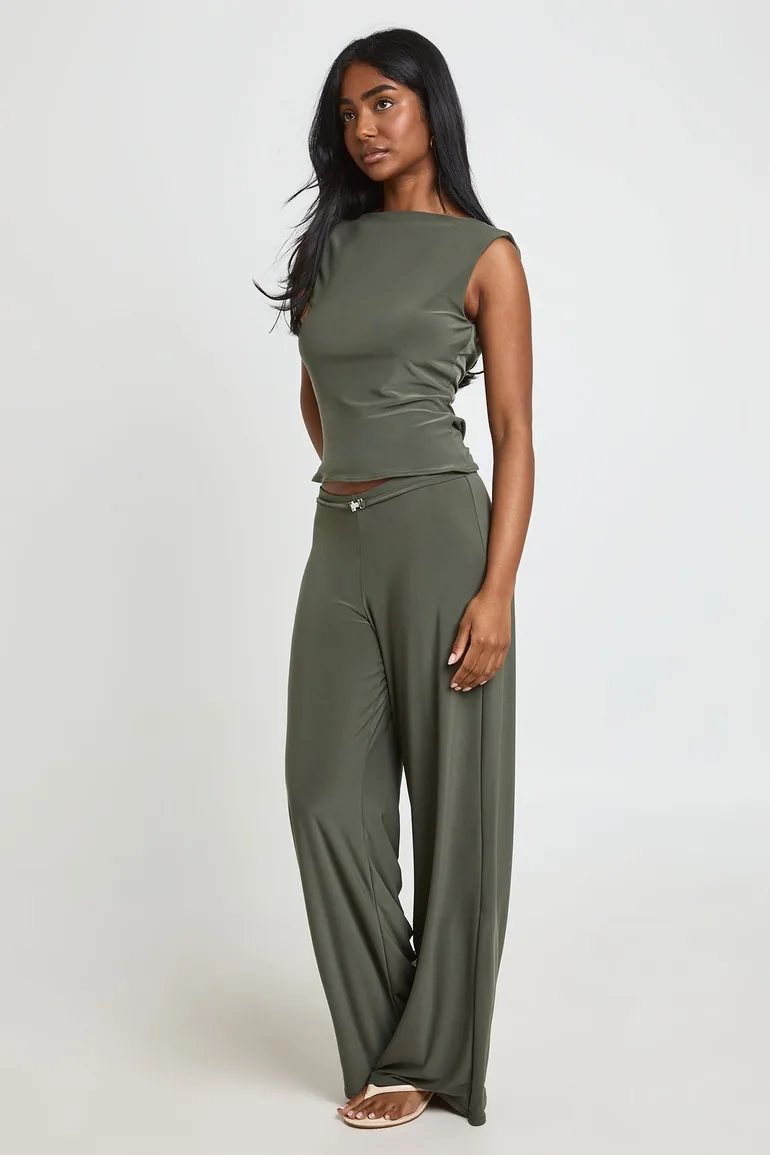 Wide Leg Trouser With Waist Trim - khaki - 3