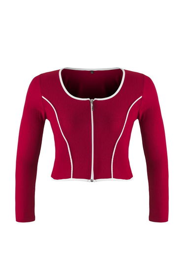 Burgundy Teen Contrast Piping Detailed Fitted/Fits-Your-Body Zippered Collar Flexible Knitted Blouse