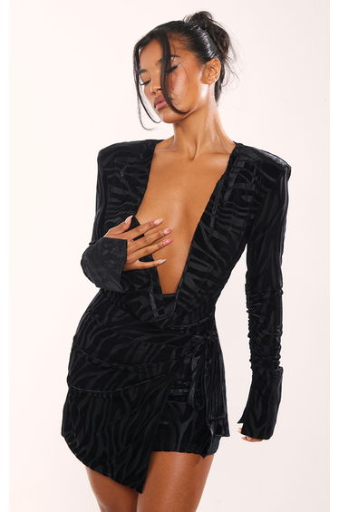Black Zebra Devore Cowl Neck Wrap Bodycon Dress