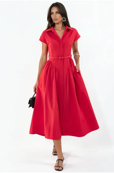 BUSEM Belted Midi Dress with Shirt Collar