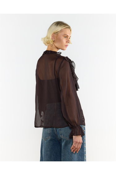 Button Front Ruffle Blouse - Deep Brown product thumbnail 2
