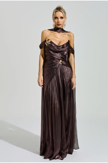 Hypatia Brown Satin Neck Maxi Dress