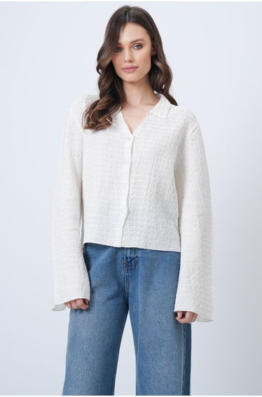 Women's White V Neck Spanish Sleeve Seersucker Summer Shirt