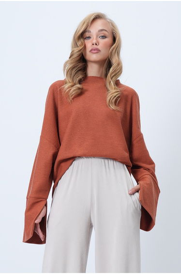 Women's Tile Stand Collar Batwing Sleeve Cuff Slit Wide Cut Blouse