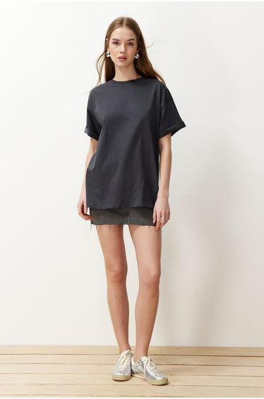 Anthracite 100% Cotton Crew Neck Boyfriend Knitted T-Shirt