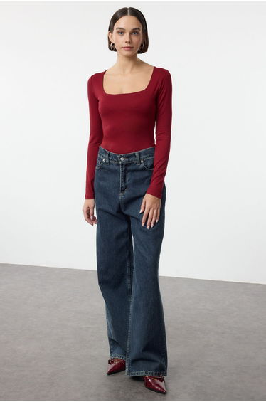 Claret Red Square Neck Snap-Front Premium Knitted Bodysuit