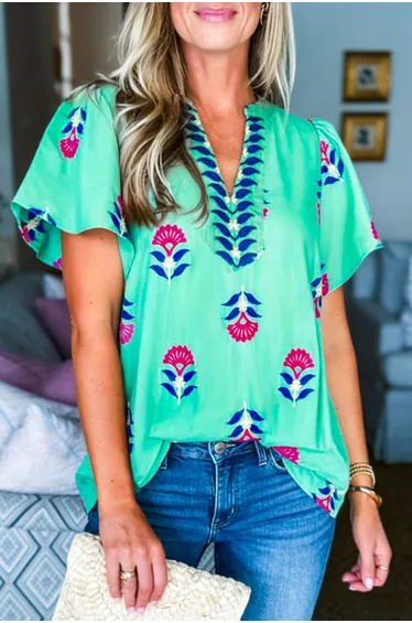 Lvness Green Floral V Neck Flutter Sleeve Blouse
