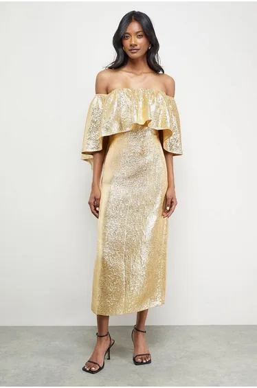Metallic Jacquard Volume Bardot Midi Dress