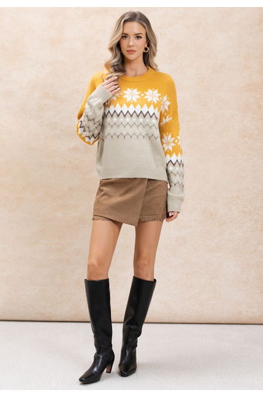 Snowflake Zigzag Jacquard Knit Sweater in Mustard