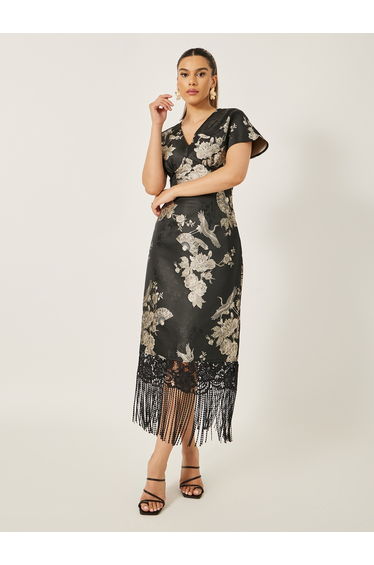 Floral Print Short Sleeves Tasseled Hem Sheath Midi Dress